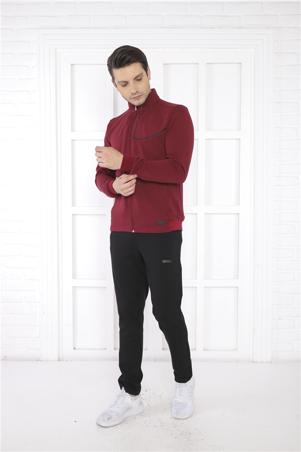 Escetic Bordo Erkek Dik Yaka 4 Mevsim Nefes Alabilen Pamuklu Spor Slimfit Eşofman Takımı 6793
