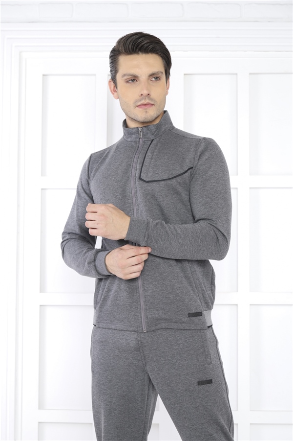 Escetic G3 Melanj Erkek Dik Yaka 4 Mevsim Nefes Alabilen Pamuklu Spor Slimfit Eşofman Takımı 6793