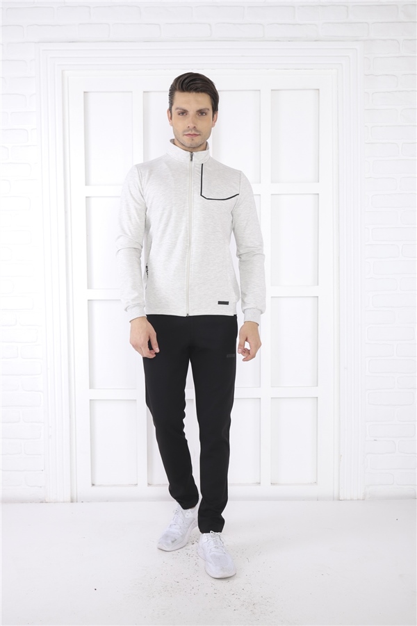 Escetic Kar Melanj Erkek Dik Yaka 4 Mevsim Nefes Alabilen Pamuklu Spor Slimfit Eşofman Takımı 6793