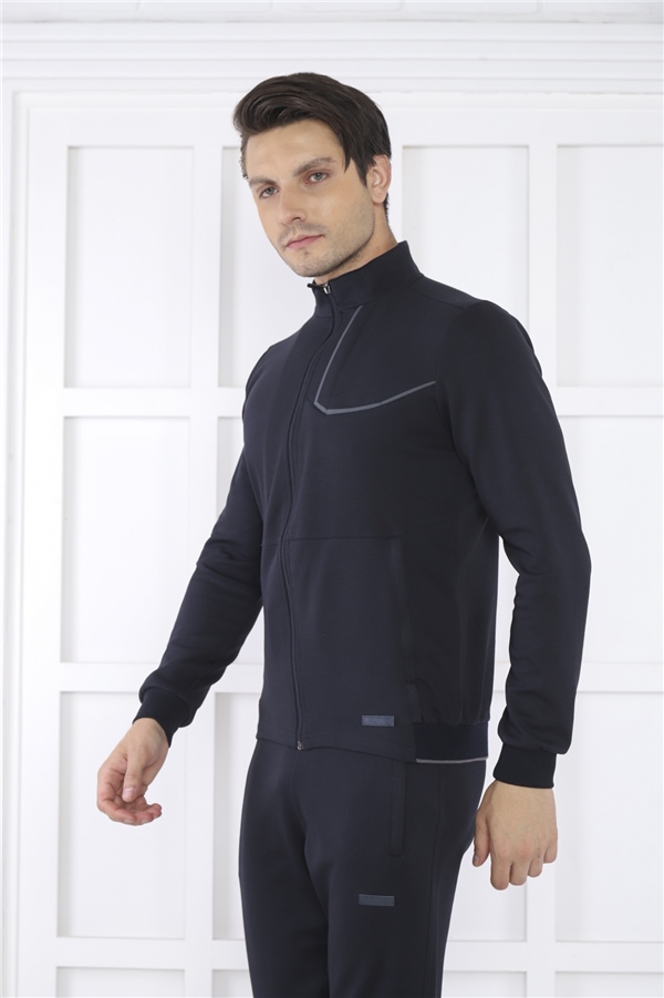 Escetic Lacivert Erkek Dik Yaka 4 Mevsim Nefes Alabilen Pamuklu Spor Slimfit Eşofman Takımı 6793