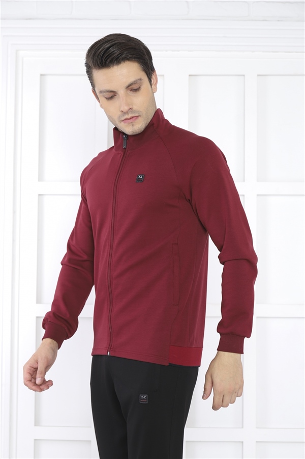Escetic Bordo Erkek Dik Yaka 4 Mevsim Nefes Alabilen Pamuklu Spor Slimfit Eşofman Takımı 6767