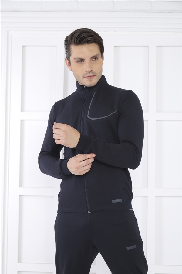 Escetic Lacivert Erkek Dik Yaka 4 Mevsim Nefes Alabilen Pamuklu Spor Slimfit Eşofman Takımı 6793