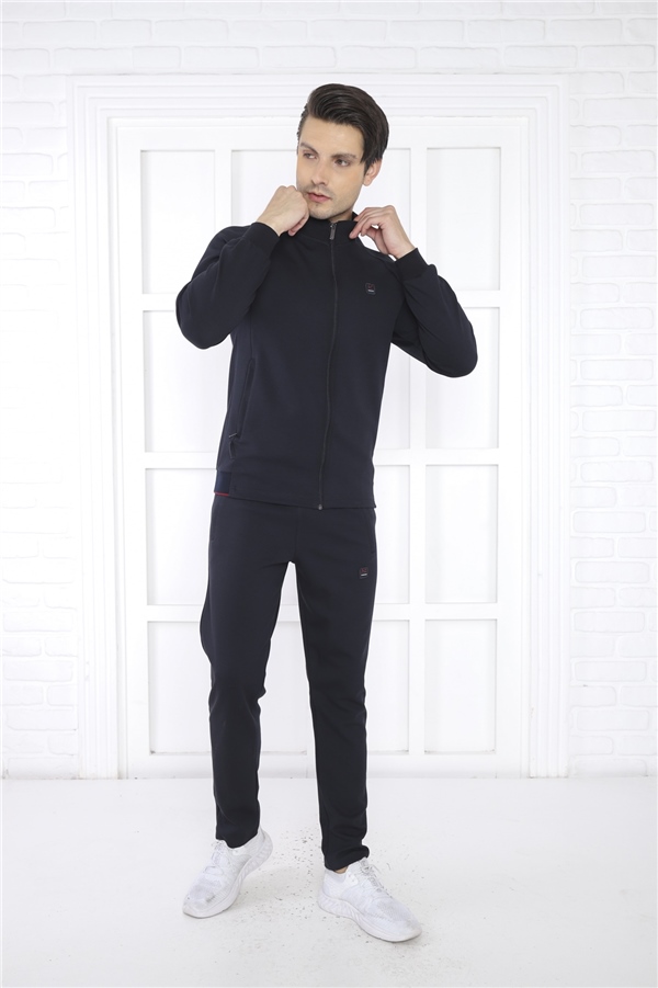 Escetic Lacivert Erkek Dik Yaka 4 Mevsim Nefes Alabilen Pamuklu Spor Slimfit Eşofman Takımı 6767