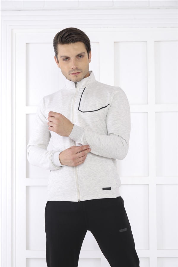 Escetic Kar Melanj Erkek Dik Yaka 4 Mevsim Nefes Alabilen Pamuklu Spor Slimfit Eşofman Takımı 6793