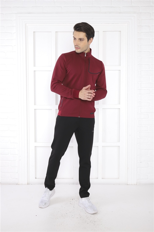 Escetic Bordo Erkek Dik Yaka 4 Mevsim Nefes Alabilen Pamuklu Spor Slimfit Eşofman Takımı 6793