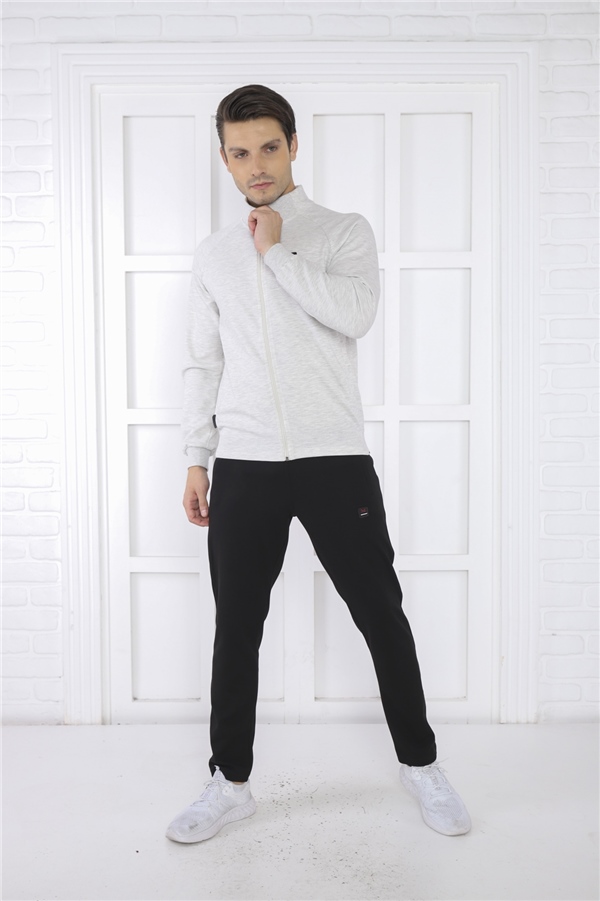 Escetic Kar Melanj Erkek Dik Yaka 4 Mevsim Nefes Alabilen Pamuklu Spor Slimfit Eşofman Takımı 6767