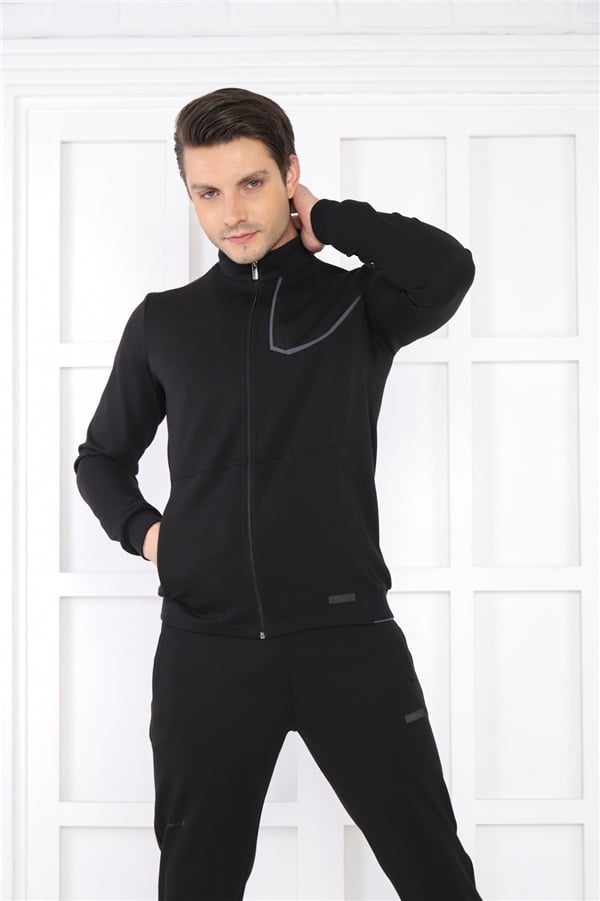 Escetic Siyah Erkek Dik Yaka 4 Mevsim Nefes Alabilen Pamuklu Spor Slimfit Eşofman Takımı 6793
