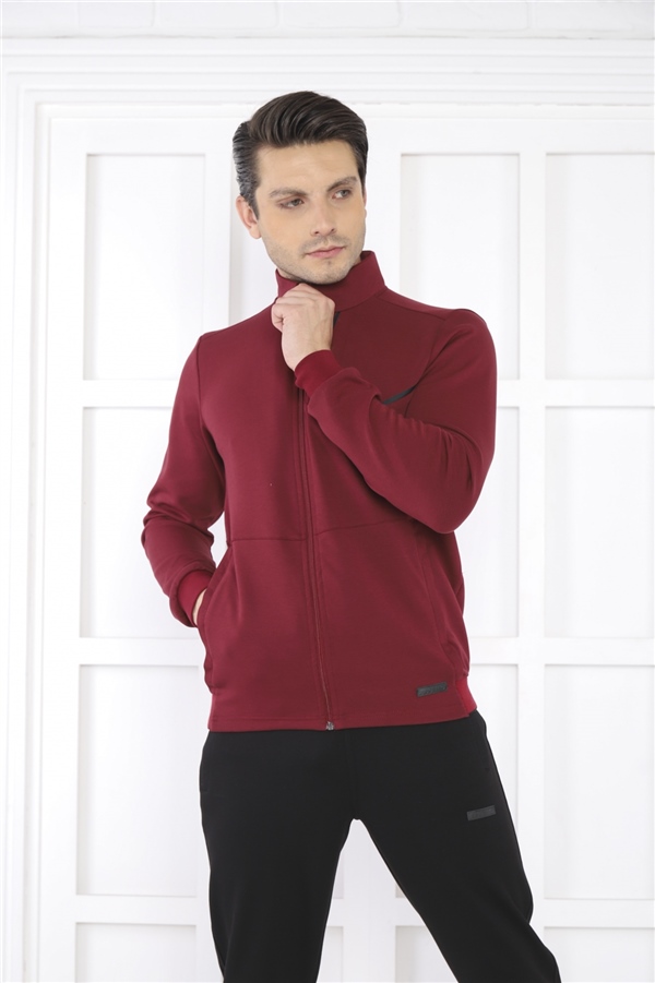 Escetic Bordo Erkek Dik Yaka 4 Mevsim Nefes Alabilen Pamuklu Spor Slimfit Eşofman Takımı 6793