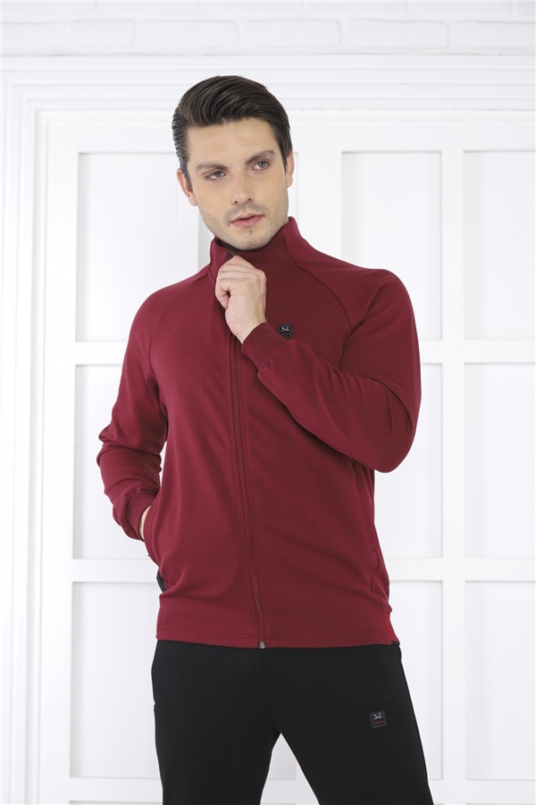 Escetic Bordo Erkek Dik Yaka 4 Mevsim Nefes Alabilen Pamuklu Spor Slimfit Eşofman Takımı 6767