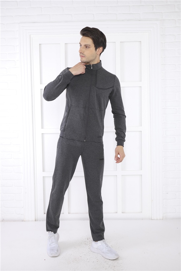 Escetic Antresit Erkek Dik Yaka 4 Mevsim Nefes Alabilen Pamuklu Spor Slimfit Eşofman Takımı 6793