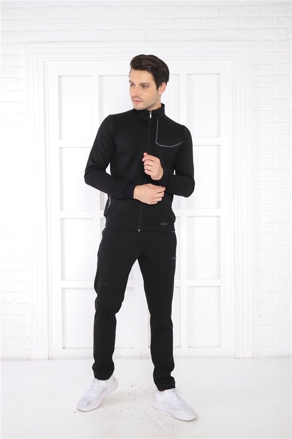 Escetic Siyah Erkek Dik Yaka 4 Mevsim Nefes Alabilen Pamuklu Spor Slimfit Eşofman Takımı 6793