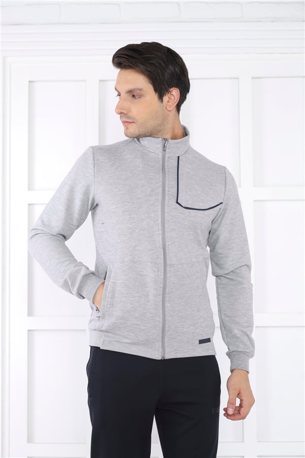 Escetic Gri Erkek Dik Yaka 4 Mevsim Nefes Alabilen Pamuklu Spor Slimfit Eşofman Takımı 6793