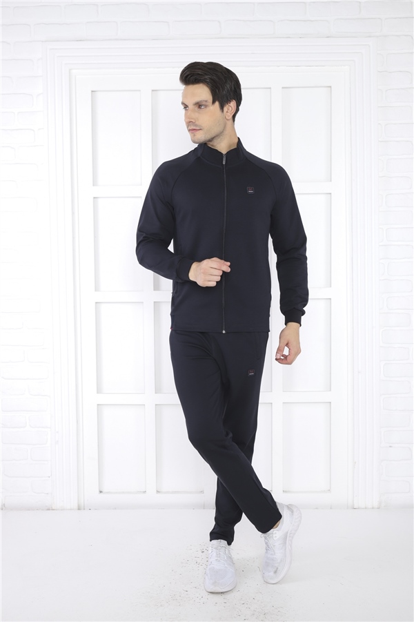 Escetic Lacivert Erkek Dik Yaka 4 Mevsim Nefes Alabilen Pamuklu Spor Slimfit Eşofman Takımı 6767