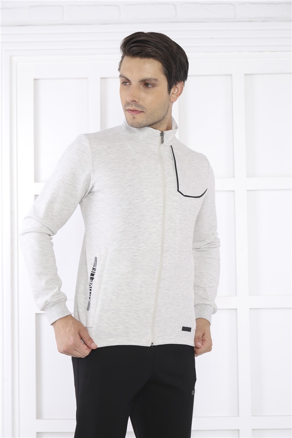 Escetic Kar Melanj Erkek Dik Yaka 4 Mevsim Nefes Alabilen Pamuklu Spor Slimfit Eşofman Takımı 6793