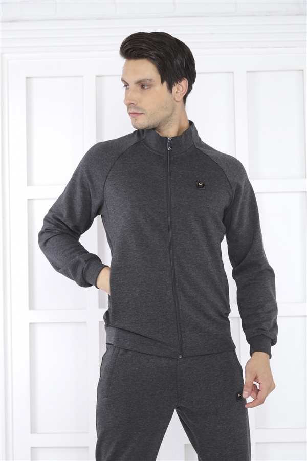 Escetic Antresit Erkek Dik Yaka 4 Mevsim Nefes Alabilen Pamuklu Spor Slimfit Eşofman Takımı 6767
