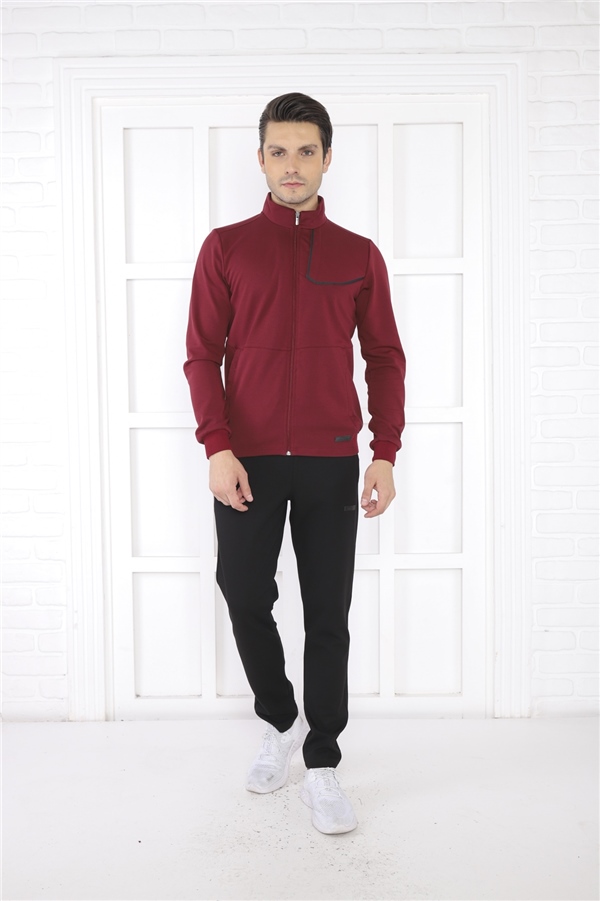 Escetic Bordo Erkek Dik Yaka 4 Mevsim Nefes Alabilen Pamuklu Spor Slimfit Eşofman Takımı 6793