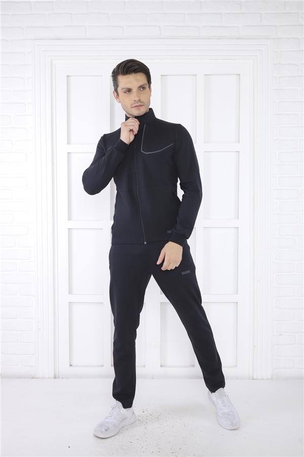 Escetic Lacivert Erkek Dik Yaka 4 Mevsim Nefes Alabilen Pamuklu Spor Slimfit Eşofman Takımı 6793