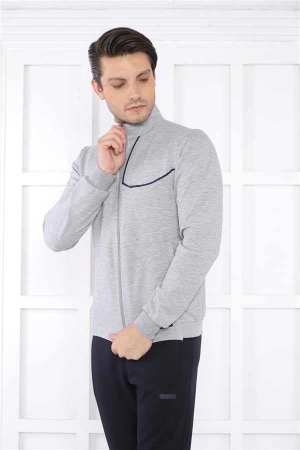 Escetic Gri Erkek Dik Yaka 4 Mevsim Nefes Alabilen Pamuklu Spor Slimfit Eşofman Takımı 6793