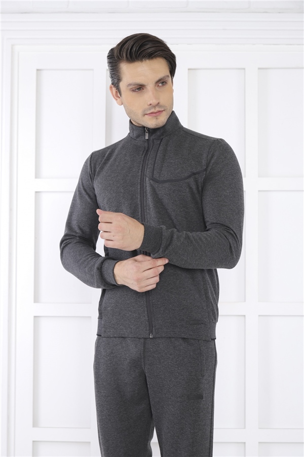 Escetic Antresit Erkek Dik Yaka 4 Mevsim Nefes Alabilen Pamuklu Spor Slimfit Eşofman Takımı 6793