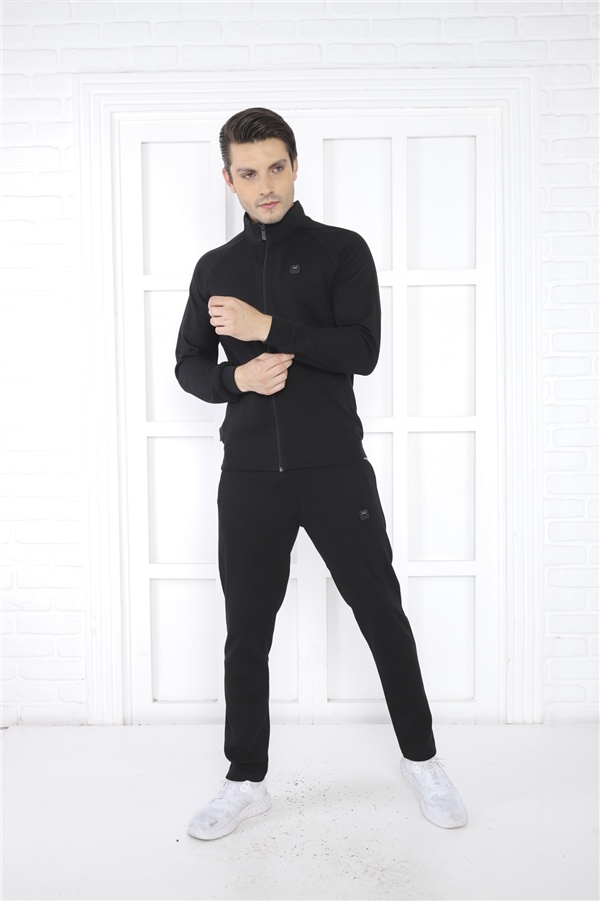 Escetic Siyah Erkek Dik Yaka 4 Mevsim Nefes Alabilen Pamuklu Spor Slimfit Eşofman Takımı 6767