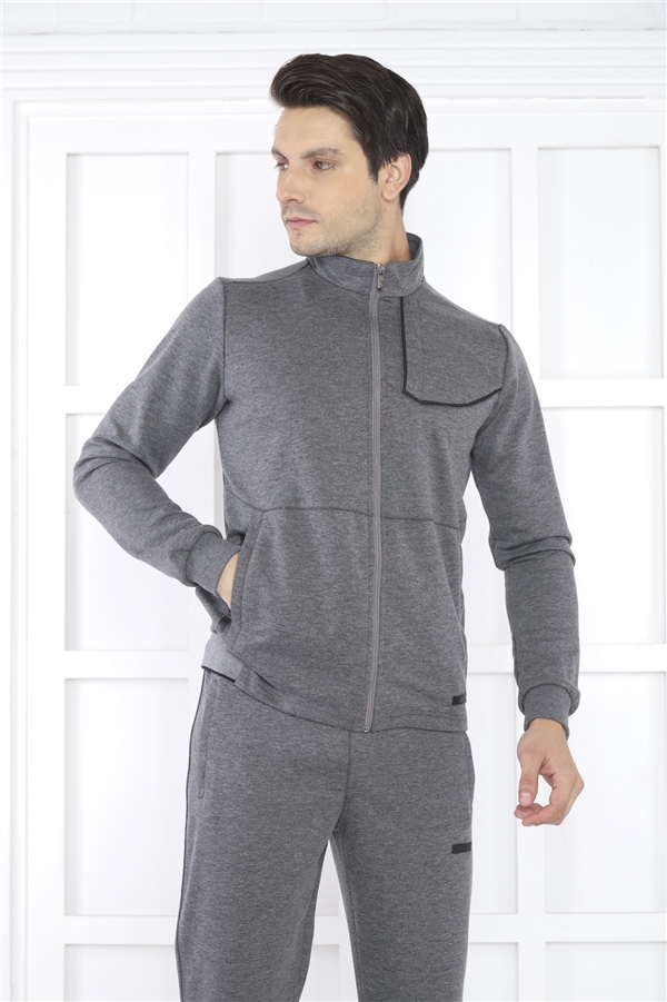 Escetic G3 Melanj Erkek Dik Yaka 4 Mevsim Nefes Alabilen Pamuklu Spor Slimfit Eşofman Takımı 6793