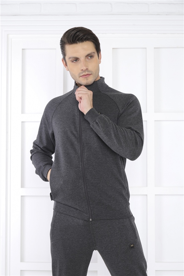 Escetic Antresit Erkek Dik Yaka 4 Mevsim Nefes Alabilen Pamuklu Spor Slimfit Eşofman Takımı 6767