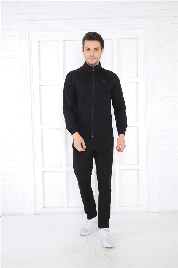 Escetic Siyah Erkek Dik Yaka 4 Mevsim Nefes Alabilen Pamuklu Spor Slimfit Eşofman Takımı 6767