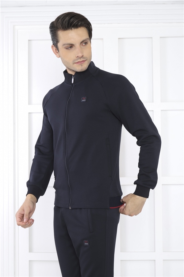 Escetic Lacivert Erkek Dik Yaka 4 Mevsim Nefes Alabilen Pamuklu Spor Slimfit Eşofman Takımı 6767