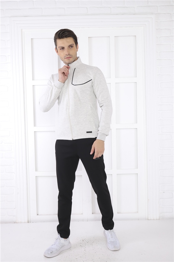 Escetic Kar Melanj Erkek Dik Yaka 4 Mevsim Nefes Alabilen Pamuklu Spor Slimfit Eşofman Takımı 6793