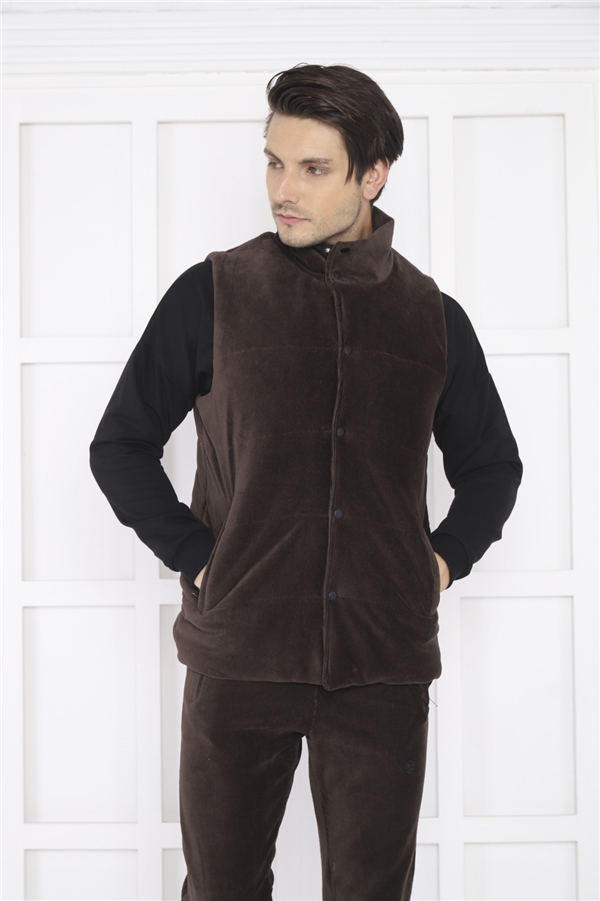  Escetic Kahve Erkek Slimfit Fitilli Kadife Üçlü/Yelekli 4 Cepli Spor Sweat Takım 7053