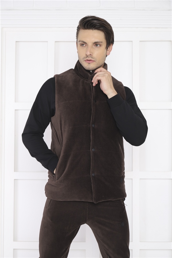  Escetic Kahve Erkek Slimfit Fitilli Kadife Üçlü/Yelekli 4 Cepli Spor Sweat Takım 7053