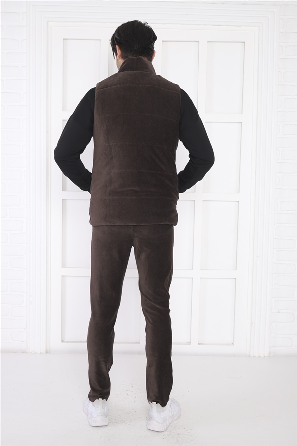  Escetic Kahve Erkek Slimfit Fitilli Kadife Üçlü/Yelekli 4 Cepli Spor Sweat Takım 7053