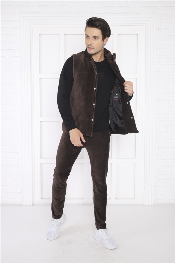 Escetic Kahve Erkek Slimfit Fitilli Kadife Üçlü/Yelekli 4 Cepli Spor Sweat Takım 7053