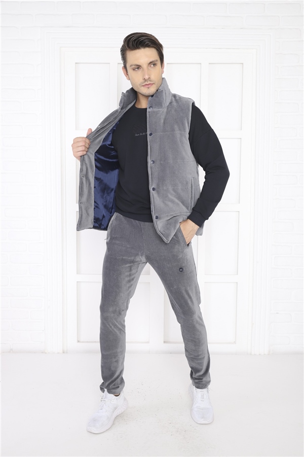  Escetic Gri Erkek Slimfit Fitilli Kadife Üçlü/Yelekli 4 Cepli Spor Sweat Takım 7053