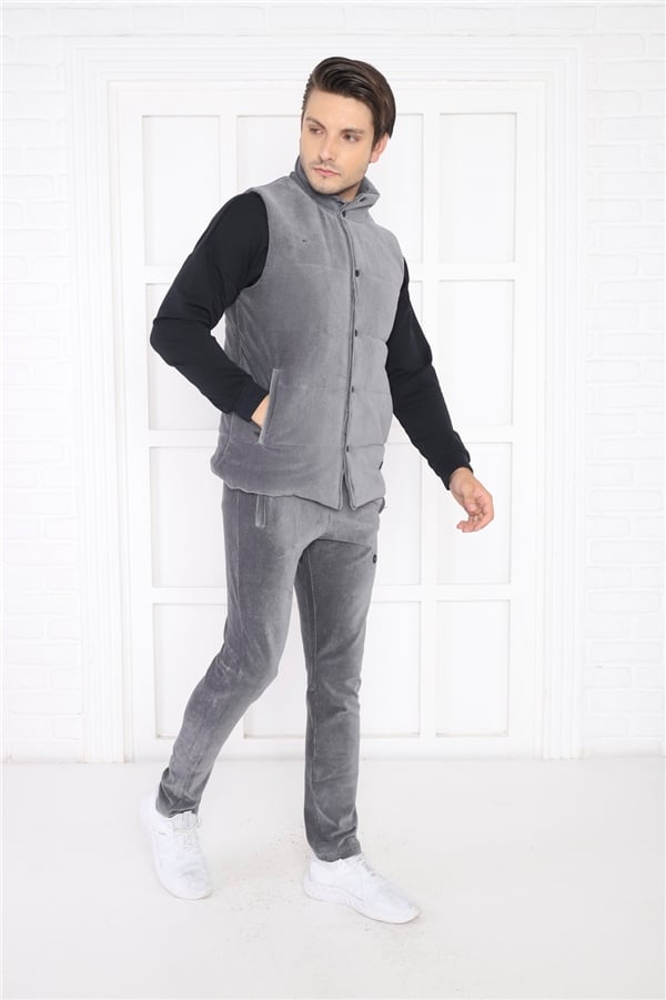  Escetic Gri Erkek Slimfit Fitilli Kadife Üçlü/Yelekli 4 Cepli Spor Sweat Takım 7053