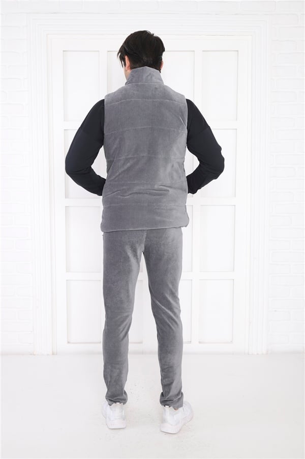  Escetic Gri Erkek Slimfit Fitilli Kadife Üçlü/Yelekli 4 Cepli Spor Sweat Takım 7053