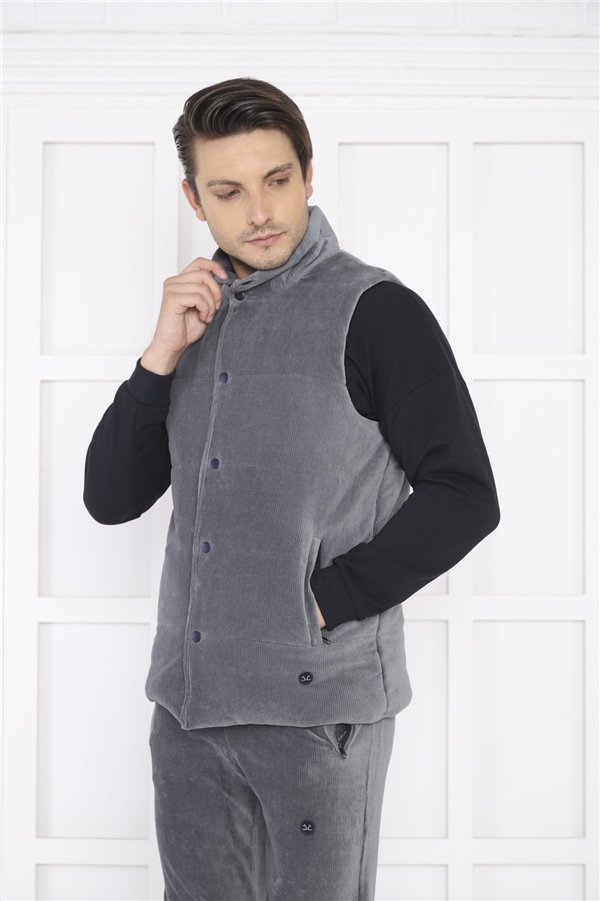  Escetic Gri Erkek Slimfit Fitilli Kadife Üçlü/Yelekli 4 Cepli Spor Sweat Takım 7053