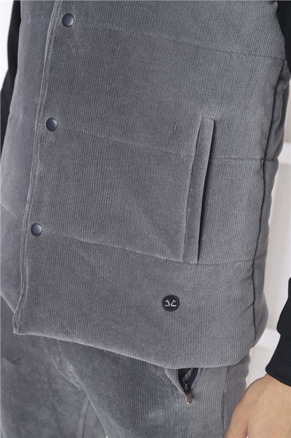  Escetic Gri Erkek Slimfit Fitilli Kadife Üçlü/Yelekli 4 Cepli Spor Sweat Takım 7053