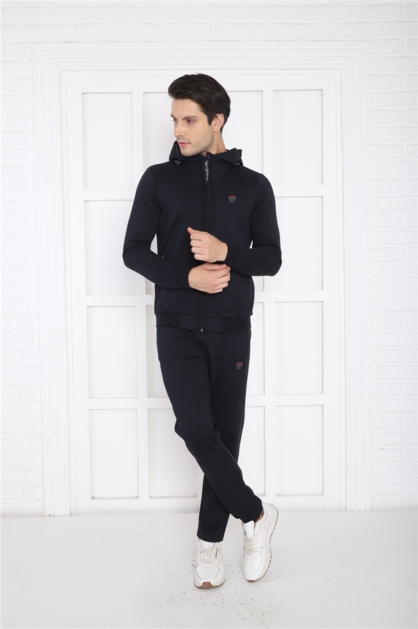 Escetic Lacivert Erkek Kapüşonlu 4 Cepli 4 Mevsim Pamuklu Spor Slimfit Eşofman Takımı 6756