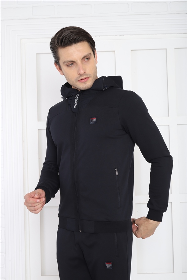 Escetic Lacivert Erkek Kapüşonlu 4 Cepli 4 Mevsim Pamuklu Spor Slimfit Eşofman Takımı 6756