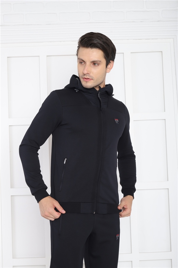 Escetic Lacivert Erkek Kapüşonlu 4 Cepli 4 Mevsim Pamuklu Spor Slimfit Eşofman Takımı 6756