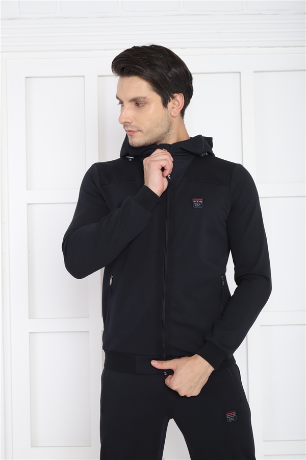 Escetic Lacivert Erkek Kapüşonlu 4 Cepli 4 Mevsim Pamuklu Spor Slimfit Eşofman Takımı 6756