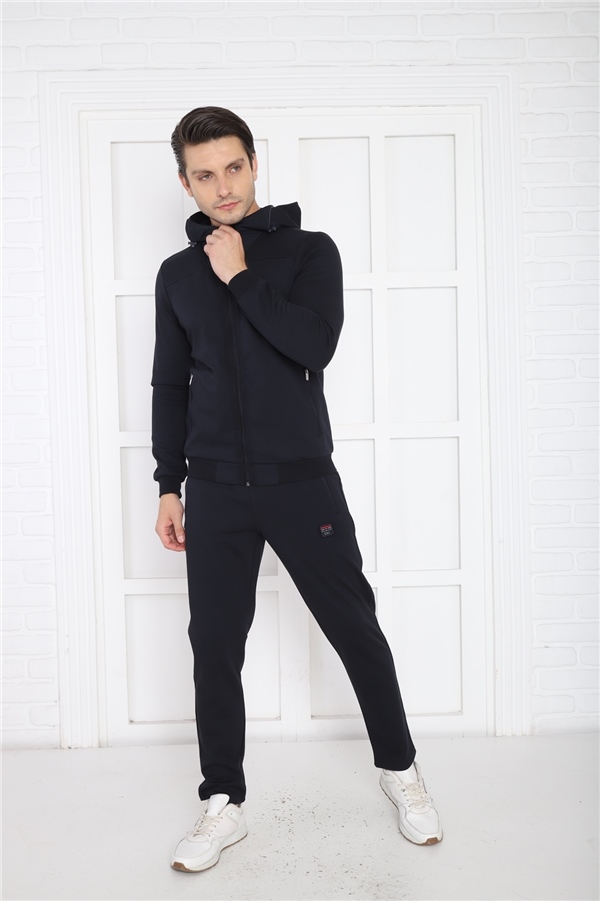 Escetic Lacivert Erkek Kapüşonlu 4 Cepli 4 Mevsim Pamuklu Spor Slimfit Eşofman Takımı 6756