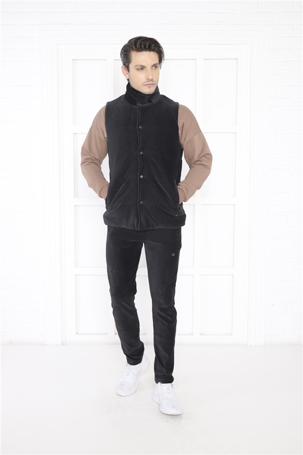  Escetic Siyah Erkek Slimfit Fitilli Kadife Üçlü/Yelekli 4 Cepli Spor Sweat Takım 7053