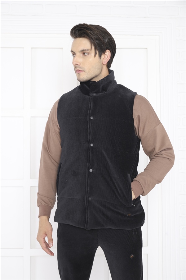  Escetic Siyah Erkek Slimfit Fitilli Kadife Üçlü/Yelekli 4 Cepli Spor Sweat Takım 7053