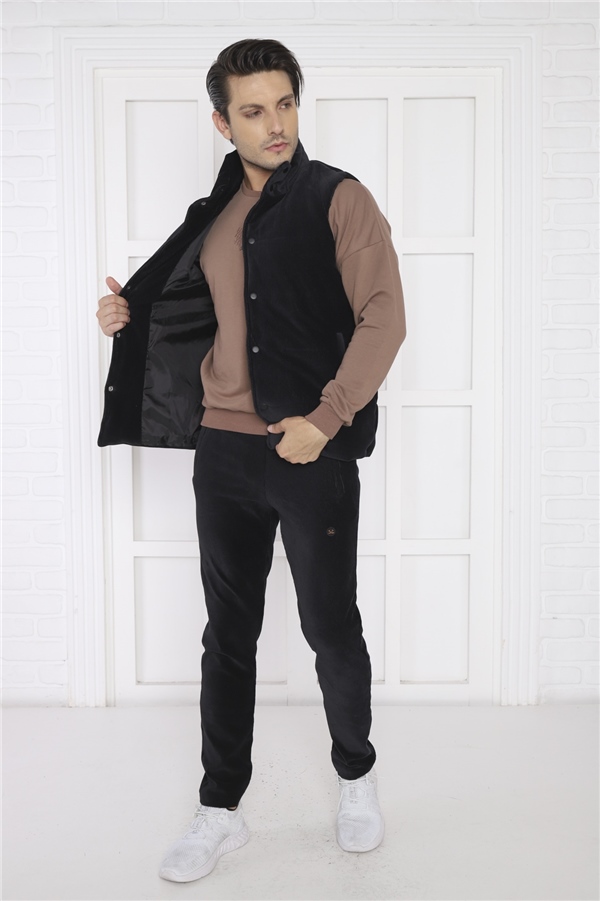  Escetic Siyah Erkek Slimfit Fitilli Kadife Üçlü/Yelekli 4 Cepli Spor Sweat Takım 7053
