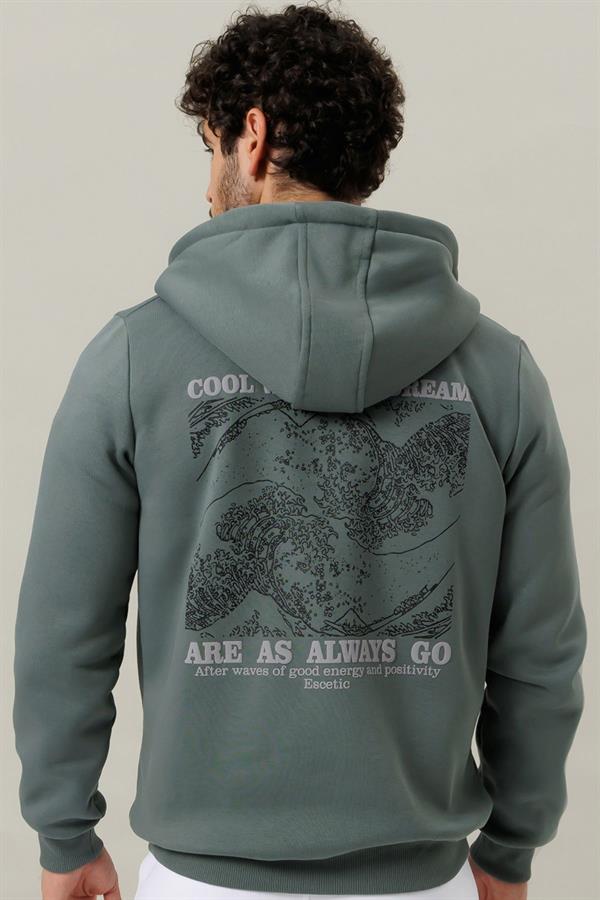 Escetic Erkek Su Yeşili İçi Polarlı Kalın 3 İplik Casual Kalıp Erkek Sweatshirt Hoodie TK0084