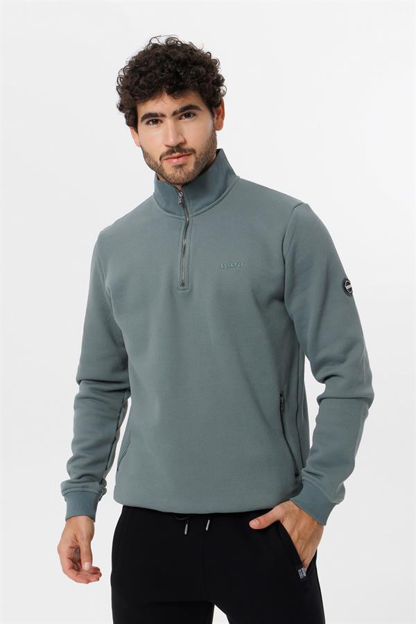 Escetic Erkek Su Yeşili Kalın Polarlı Slimfit Kışlık Sweatshirt T0120