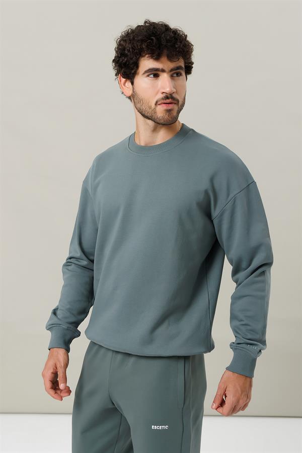 Escetic Erkek Su Yeşili Şardonsuz 3 İplik Casual Kalıp Erkek Sweatshirt T0121