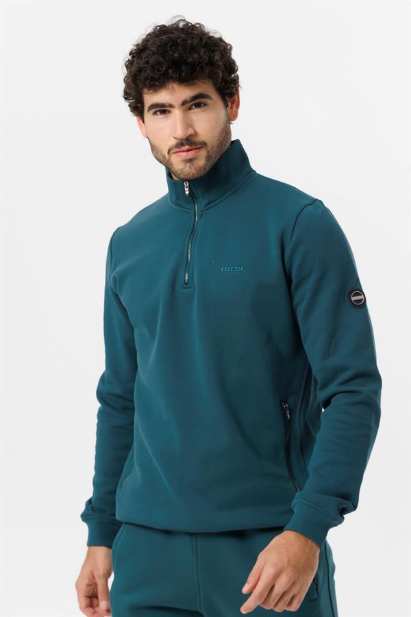 Escetic Erkek Yeşil Kalın Polarlı Slimfit Kışlık Sweatshirt T0120